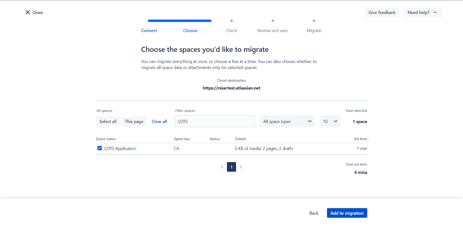 select spaces for migration