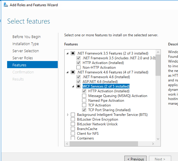 In Features step, select ASP.NET 4.5