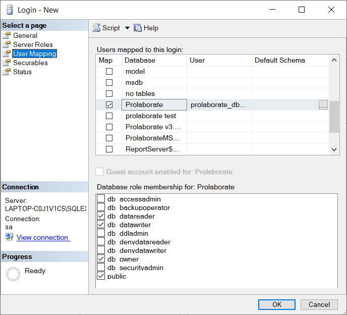 Sql Server User Mapping with Prolaborate database